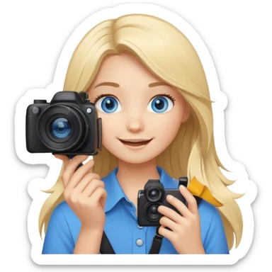  blue eyes blonde girl photographer cartoon taking picture in middle of taking picture camera in front of face long hair smiling funny flash professional, camera in front of face sticker