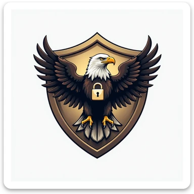 realistic eagle styled to resemble a security agency named Pinsafe, eagle with vigilant protective expression, subtle design elements evoking security and trust, shield motif or lock integrated into feathers or background, professional modern look, security agency brand sticker