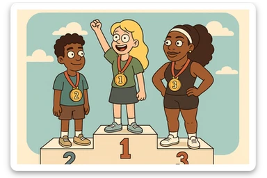 winners podium girl yellow hair Olympic Gold Medal a boy brown skin black Classic Curl hair Olympic Gold Medal Serena Williams Olympic Gold Medal  sticker