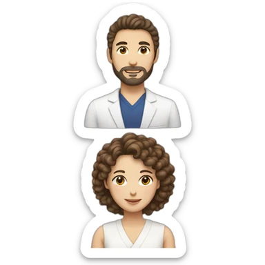 A white curly brown hair woman and a Japanese man with a little beard sticker