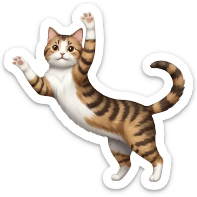 brown tabby and white cat with doing a big extremely long stretch reaching up into the air with arms and legs side by side together straight and overextended whilst lying on its side sticker