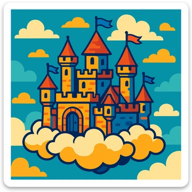 floating castle above the clouds, vibrant cartoon fantasy style sticker