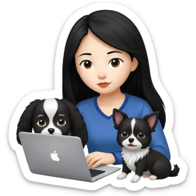 Asian girl with long black hair working on an Apple laptop, next to her is a small black and white dog with no collar on  sticker