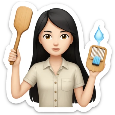 A white woman with long, straight black hair, wearing an ivory-colored shirt, holding a wooden paddle hairbrush in her left hand and spraying a hair mist bottle with her right hand toward her hair. sticker