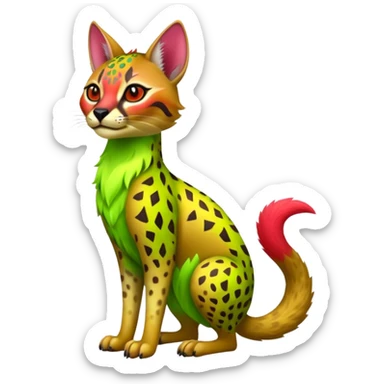 Colorful cute adorable tropical exotic fruity kiwi-green lemony rosy neon-red Caracal-Cheetah-Civet-Leopard-Trico-Sergal-Vernid-fusion-hybrid-animal-creature, full body, with tribal markings sticker