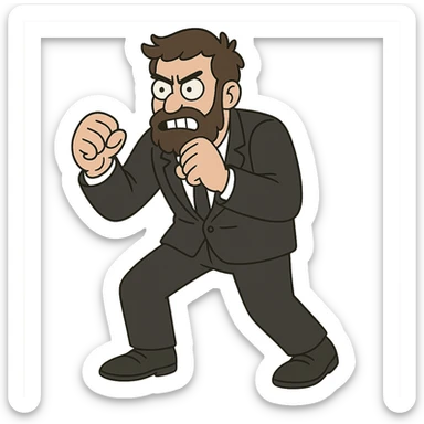 flat toon style bearded man in a black suit, fighting posture sticker