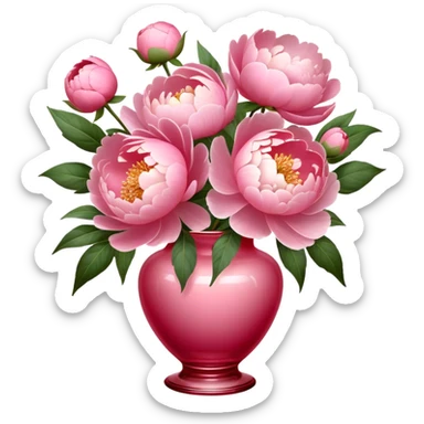 A rich Venetian Red glass vase holds a bouquet of dreamy Shell Pink peonies. An Angel Pink silk bow wraps around it, blending softness and vintage elegance." sticker