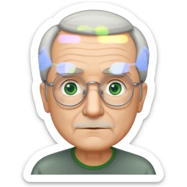 Old man with receding hair, grey hair only on the sides, green eyes, rectangular reading glasses, rounded face sticker