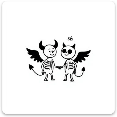 devil skeleton and angel skeleton together, both saying 'sh', expressive, clear pose, hand drawn doodle style sticker