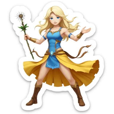 full body woman long blonde hair blue eyes white skin muscular build dandelion wind summoner sticker