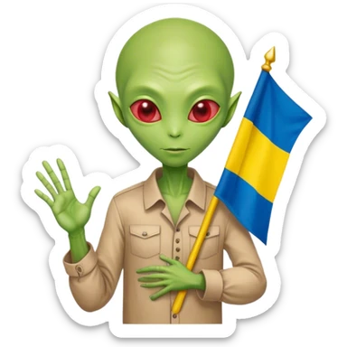Green alien in Shirt 👚 vyshyvanka, white with red embodiary on sleeved, with 🇺🇦 Ukraine flag in a hand sticker