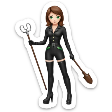 Create Dominatrix in black latex clothes,green eyes,brown hair and platform boots sticker