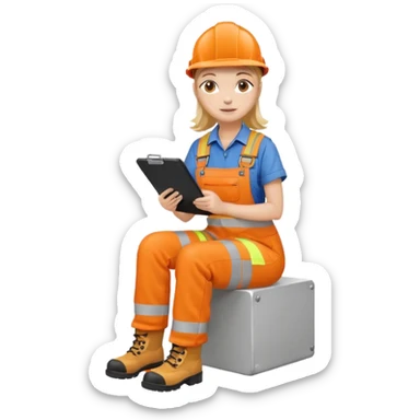 woman in orange hi vis overalls and boots holding a clipboard, sitting sticker