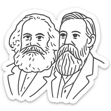 a black outline portrait of Karl Marx and Engels together based on a famous portrait of them, with eyes the same size sticker