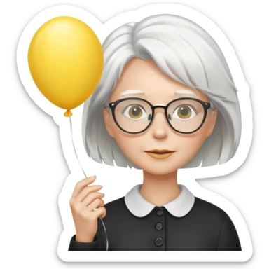 woman with wind white hair and wearing glasses, holding yellow balloon sticker
