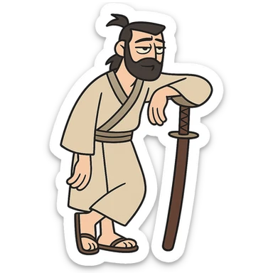 chill samurai, leaning on sword, casual stance, calm vibe, contemporary cartoon sticker