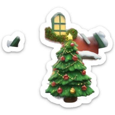 A christmas house with a christmas tree sticker