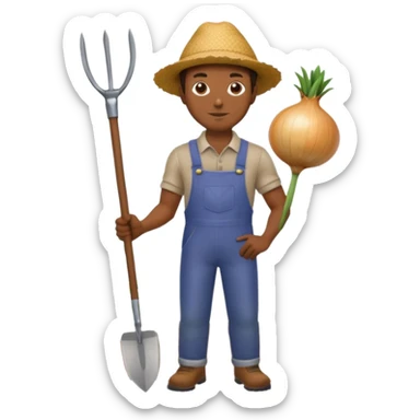 A black man with a gardening hoe and a large onion sticker