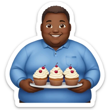 Extremely overweight African American man with a very round face and body, smiling and holding cupcakes sticker