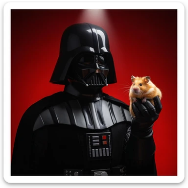 Extreme Closeup Photo of a darth vader holding big hamster, low key light, red solid background with leading lines, back light, spot light sticker