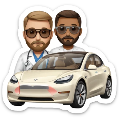White tesla model 3 with a cool physician with dark blond hair, beard and dark sunglasses next to it sticker