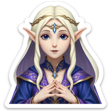 Cinematic Realistic WoW Elf Mage Portrait, head tilted dramatically with an exaggeratedly amused expression, blending timeless arcane wisdom with a touch of unexpected playfulness. Her luminous, porcelain-like skin and delicate features, complemented by an intricately detailed robe in deep blues and purples with golden filigree, are rendered with lifelike texture and dynamic magical lighting, high shine, dramatic yet whimsical, capturing the essence of an elven mage whose epic mastery is tinged with charming irreverence. sticker