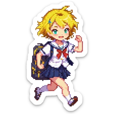 Pixel art anime girl with short bright yellow hair wearing Japanese sailor style school uniform, running energetically with school bag, happy determined expression sticker