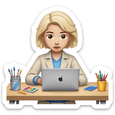 A person is **standing up from their desk**, a determined look on their face. In front of them is a an open laptop, or a workbench**—a symbol of **taking action**. Their **future self**, glowing with confidence, is **guiding their hands as they type, paint, build, or create something sticker