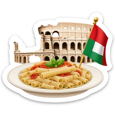 An icon featuring the Colosseum and the flag of Italy, symbolizing the Italian language. The design includes an open book with Italian phrases and a plate of pasta, representing language learning and cultural heritage. Transparent background sticker