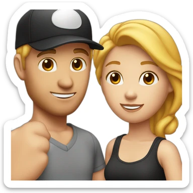 couple blond man with black cap and white shirt, woman with red hair shirt with neckline sticker