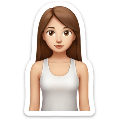 A woman with a round face, big round nose, long straight brown hair, and brown eyes, wearing a white tank top. The style should resemble the Apple emoji design, with a smooth, simple appearance and bright, clear features. sticker