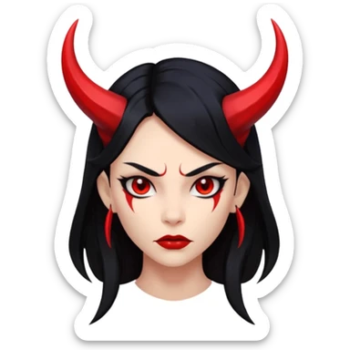 Head demon girl, strong pronounced cheekbones, sharp angular jawline, skin fully pure red everywhere, long straight sleek black hair, small horns sticker