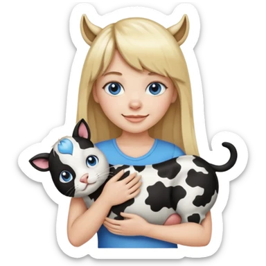 Apple-style emoji sticker of a young woman with long blond hair and straight bangs, blue eyes , holding a black-and-white cow-pattern cat on her chest, both smiling.  sticker