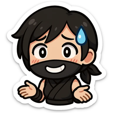 Sexy chibi ninja girl with black short hair and a blonde streak, only head and arms, colorful chibi style with bold outlines, transparent background, no mask, nervous expression with a big sweat drop and awkward smile, sized for Twitch emoji use. sticker