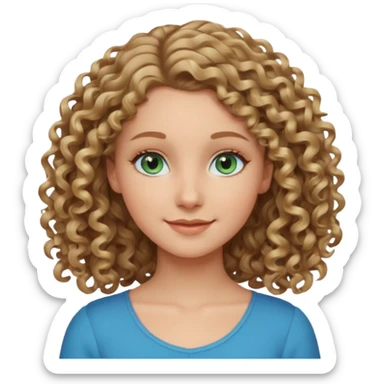 white girl, dark blonde curly hair, blue-green eyes, shoulder length, gentle smile sticker