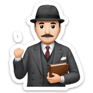 A cinematic-style frame showing Hercule Poirot in his iconic suit with a notebook in a dramatic detective pose. Background should be mysterious city, map, a board with photos of suspects, clues like fingerprints. Transparent background. sticker