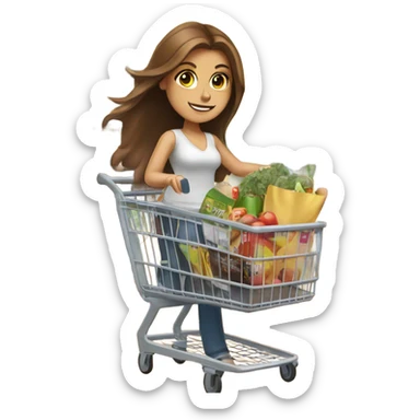 Lady with long brown hair and brown eyes with shopping cart and coupons sticker