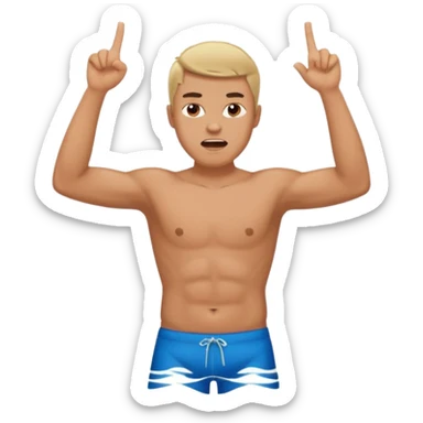 man with anger in swimming pool open arms and finger up on air sticker