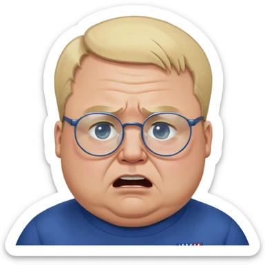 angry fat man, crying like a kid,  blond short and hight receding hairline, wearing a dark blue sweatshirt, nasa logo on the sweatshirt, round glasses without frame, 40 years old sticker