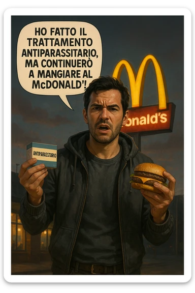A realistic, cinematic illustration of a man in his early 30s with a confused yet stubborn expression, standing outside a McDonald's at dusk, holding a small box labeled 'Antiparasitic Treatment' in one hand while holding a large McDonald's burger in the other. He is mid-sentence, saying 'Ho fatto il trattamento antiparassitario, ma continuerò a mangiare al McDonald!' in an expressive speech bubble. The man wears casual streetwear, and behind him, the McDonald's golden arches glow under a neon-lit sky. The mood is ironic and educational, highlighting the contradiction of doing parasite cleanses while continuing unhealthy fast-food habits. The style is realistic with slight illustrative clarity, emphasizing the message humorously while maintaining a serious undertone about lifestyle choices and health in italiano sticker
