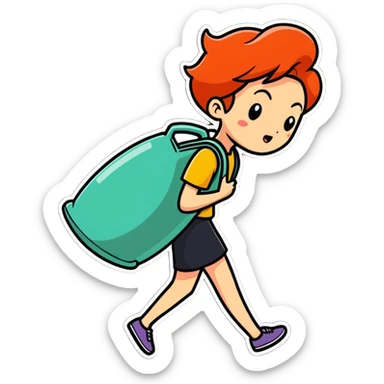a woman straining with a difficult expression carrying something very heavy on her back, cartoonish sticker style sticker