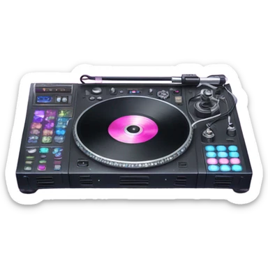 Realistic DJ turntable setup with pink,blue,and purple sparkling diamonds and rhinestones on it and sound console in the middle. sticker