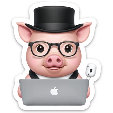 Cute mini pig coding on macbook pro wearing glasses, airpods pro and top hat sticker