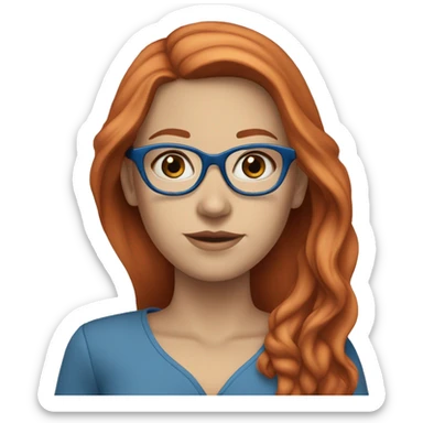 White-girl-with-long-hair-red-head-eyes-blue-wearing-glasses-blouse-formal-blue sticker