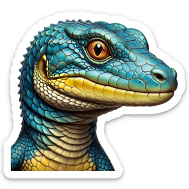 Cinematic Noble Monitor Lizard Portrait Emoji, Poised and regal, with a robust, scaled body exhibiting striking, mottled patterns and piercing, alert eyes, Simplified yet sharp and sophisticated features, highly detailed, glowing with a soft, earthy glow, high shine, intelligent and formidable, stylized with an air of ancient wilderness, focused and commanding, soft glowing outline, capturing the essence of a watchful and confident reptilian guardian that appears ready to stride out of the screen with effortless authority! sticker