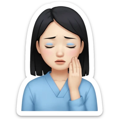 A crying East Asian woman with black hair, wearing light blue clothing. Her skin appears dry, closing her eyes and crying sticker