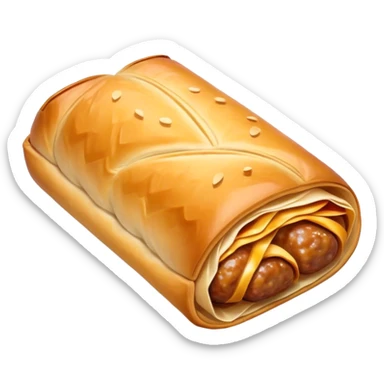cinematic-realistic-sausage-roll-dish-emoji,-depicted-with-a-crisp,-golden-pastry-wrapped-around-flavorful-sausage,-rendered-with-detailed-textures-wrapped ina. plastic wrapper unrapped - and-appetizing-lighting sticker