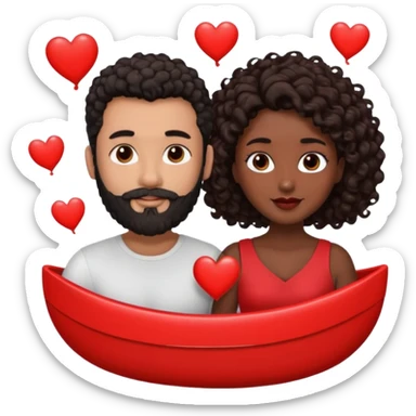 pareja de Mujer morena rizada cabello largo castaño ojos oscuros y hombre blanco cabello negro corto (no es rizado) con barba  y ojos marron al rededor de la pareja corazones sticker