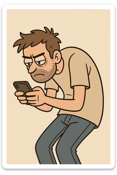 a man hunched over his cell phone, cartoon style illustration sticker