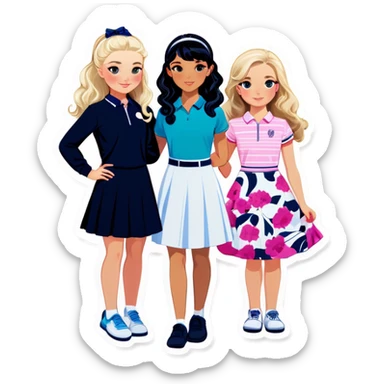  one  girl with shortish straight black hair and white skin with golf clothes on, one American girl with long curly dirty blond hair and a floral dress on. All three are teens. They are all friends sticker